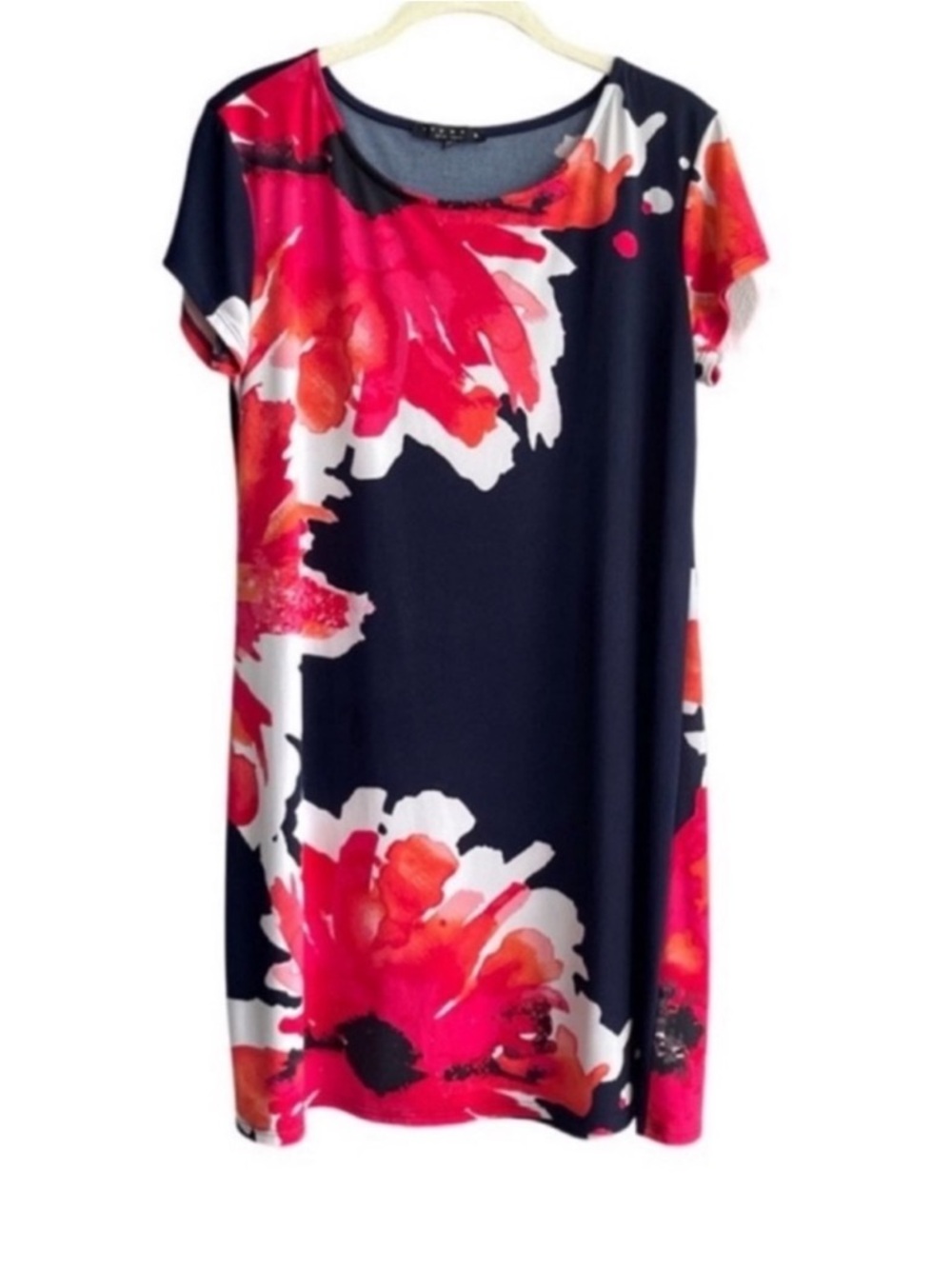 Tiana B. Short Sleeve Dress Bold Floral Shift Navy Blue Red Pink White Size 10P